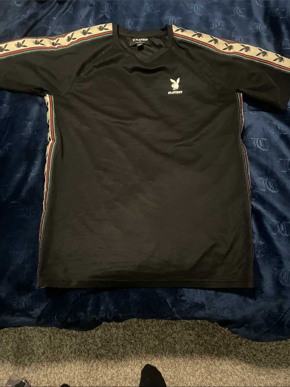 PLAYBOY Black Short-Sleeve Tee with Decorative Bunny Tape